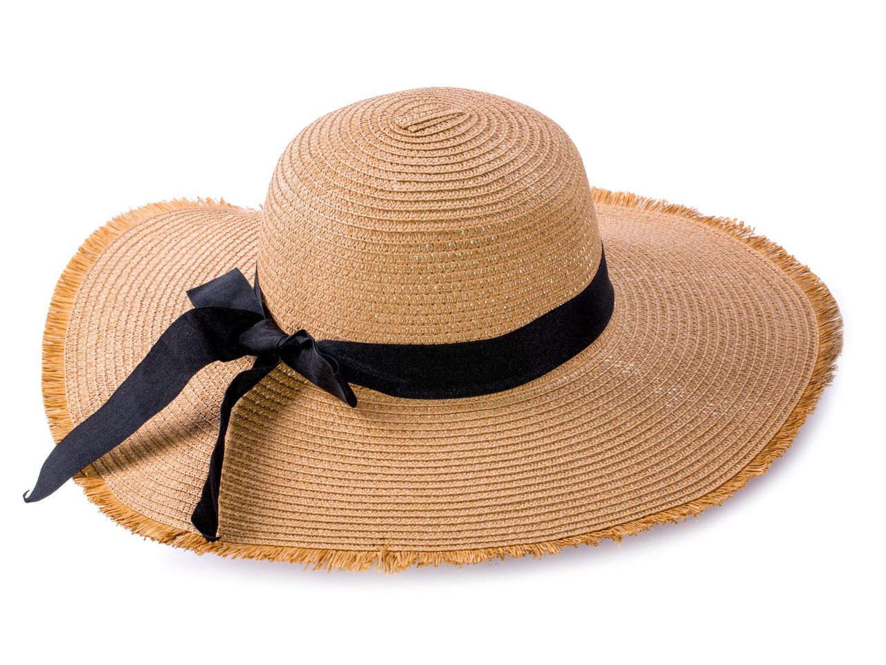 A wide-brimmed straw sun hat with a black ribbon tied around the crown