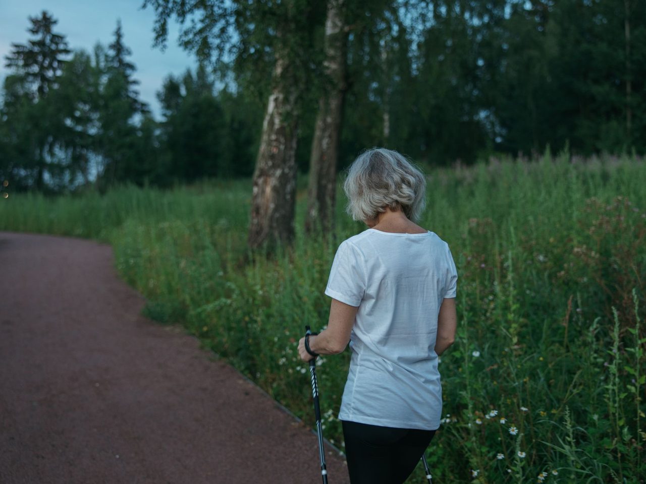 An older woman with gray hair walking with poles along a path through tall grass and trees