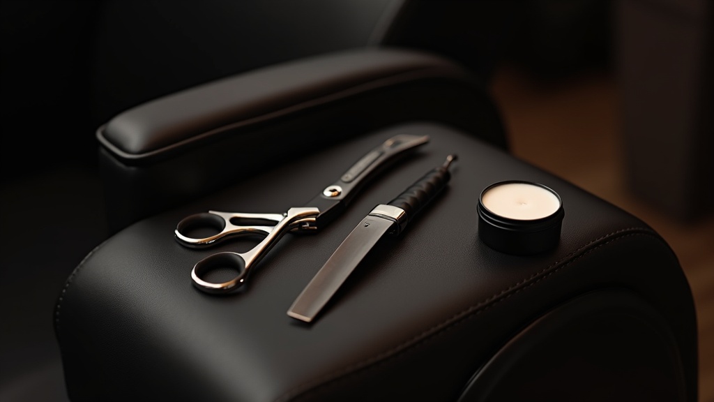 Barber tools including scissors and razor arranged for a short haircut style