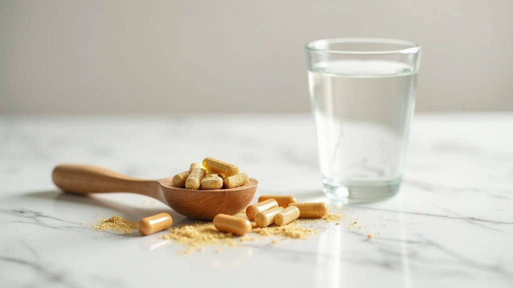 Close-up of hair supplement capsules and powder next to a glass of water