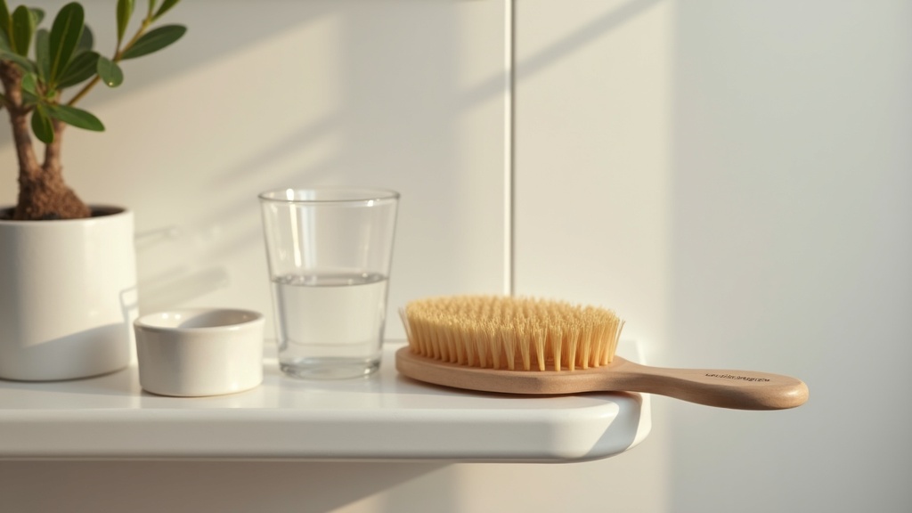 Hairbrush and glass of water on a bathroom shelf representing nutrition and hair shedding