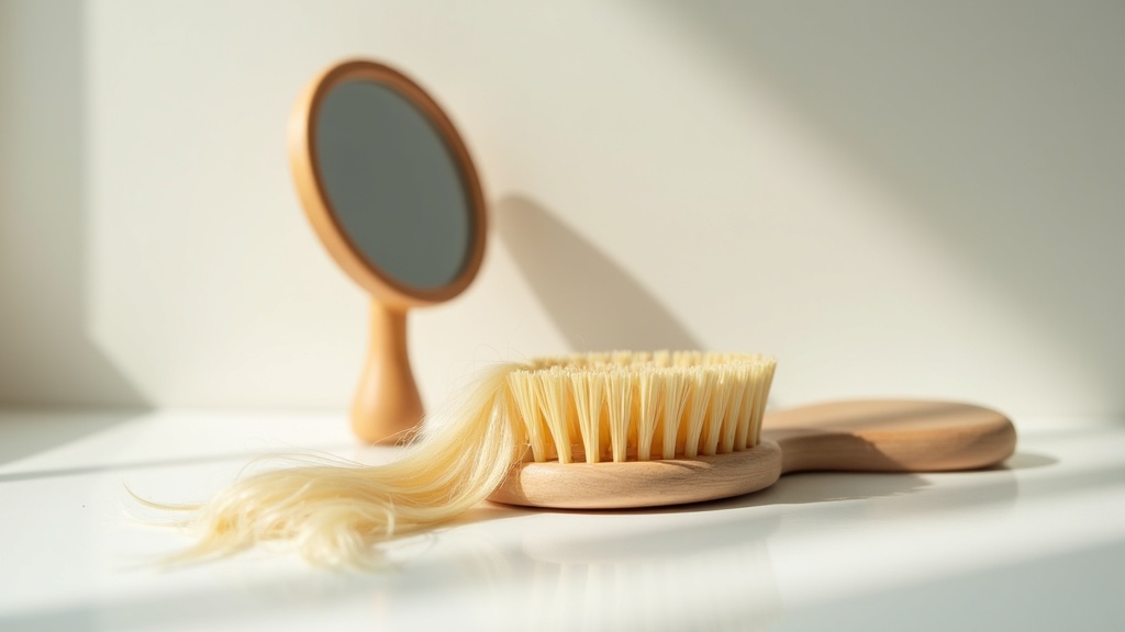 Hairbrush with shed strands on a bathroom counter representing hair loss assessment