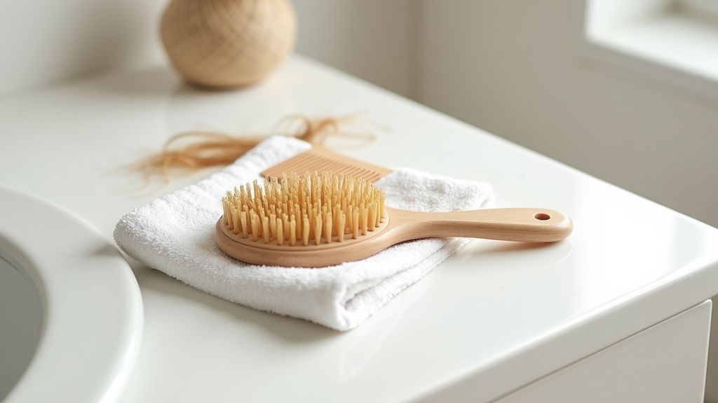 Hairbrush and comb on a towel showing loose hair strands related to telogen effluvium shedding