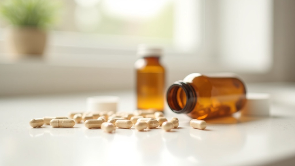 Bottles of biotin and hair supplements on a bathroom counter