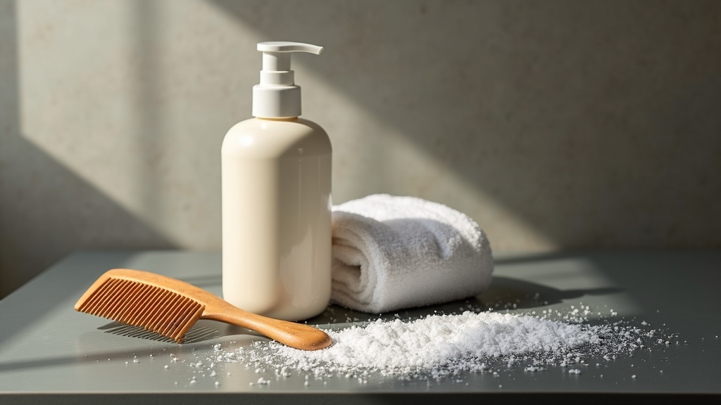 Bathroom still life representing dandruff vs dry scalp comparison with shampoo bottle and flakes