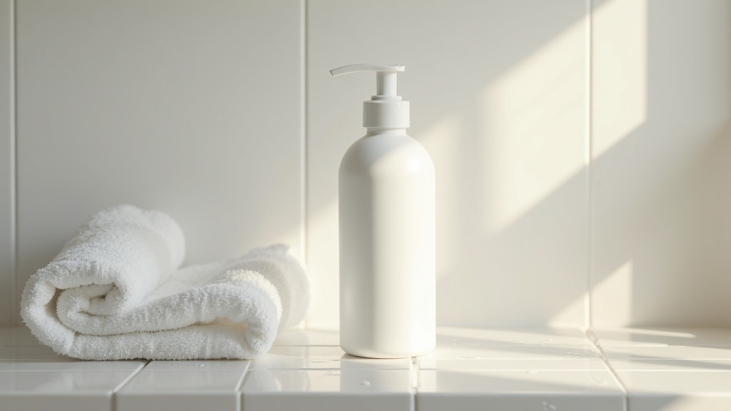 Unlabeled shampoo bottle on a bathroom shelf representing hair growth shampoos