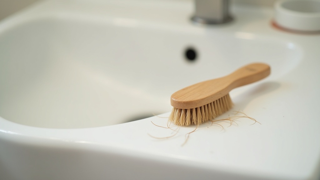 Wooden hairbrush with loose strands on a bathroom sink illustrating stress and hair loss shedding