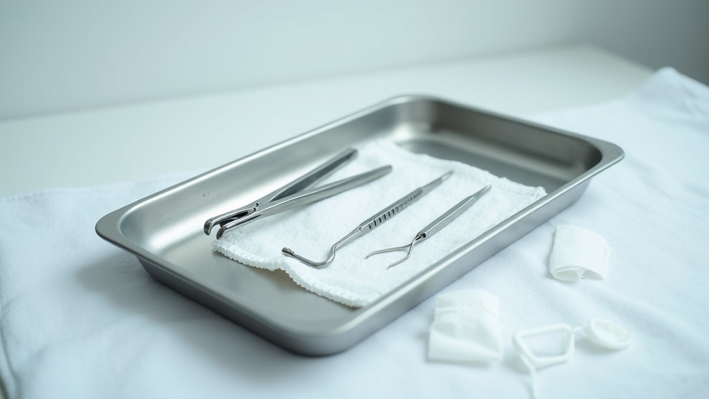 Surgical instruments used in FUE and FUT hair transplant procedures on a clinical tray