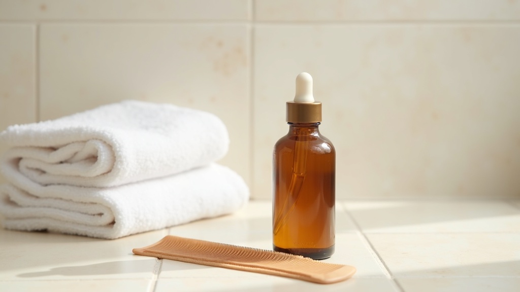 Bathroom counter still life representing hair loss treatment categories with unlabeled bottle and comb