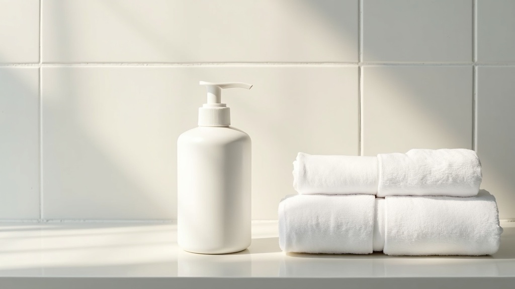 Bathroom shelf with shampoo bottle representing how often to wash thinning hair