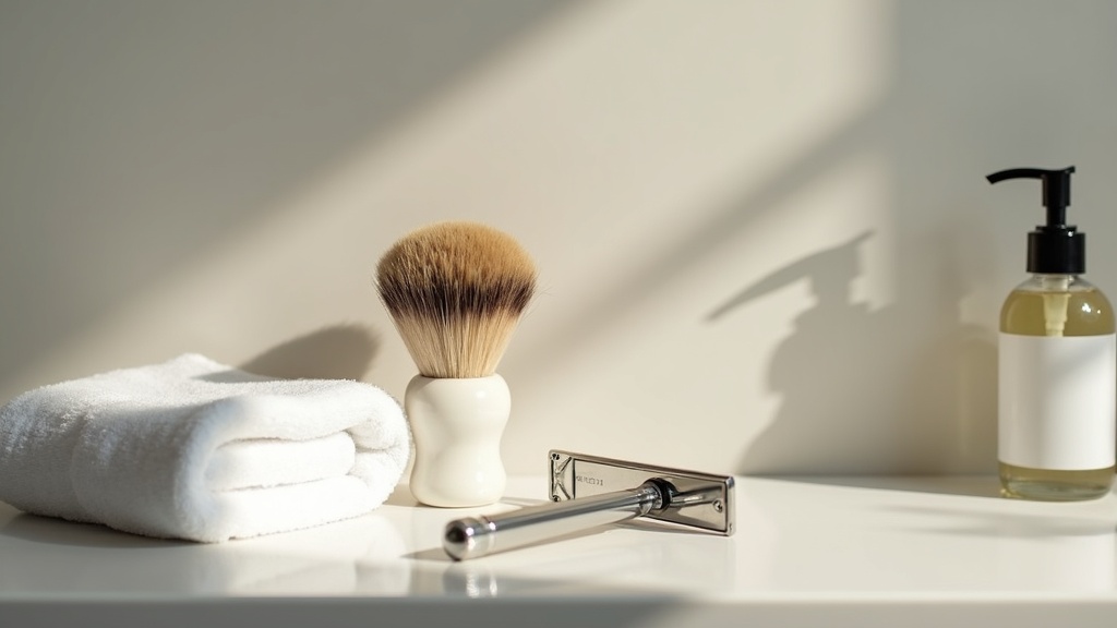 Shaving tools arranged on a bathroom counter for shaving your head for the first time