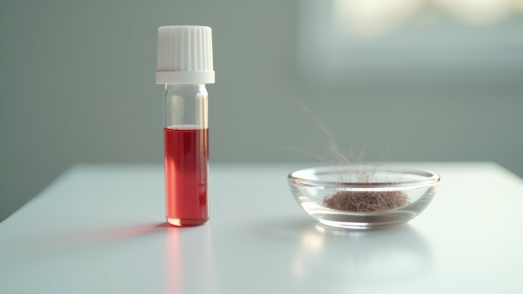 Blood test vial and hair strands representing iron ferritin and hair loss testing