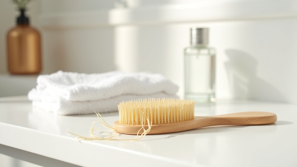 Hairbrush with loose strands on a bathroom counter representing itchy scalp and hair loss
