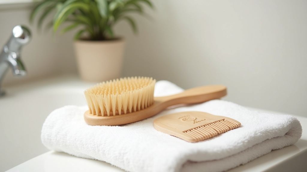 Hairbrush and comb on a towel representing male pattern baldness care routine
