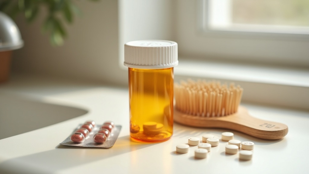 Prescription pill bottle and hairbrush illustrating medications that can cause hair shedding