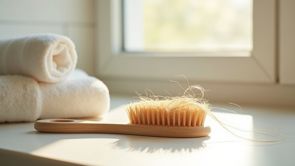 Wooden hairbrush with loose strands illustrating postpartum hair loss shedding on a bathroom counter