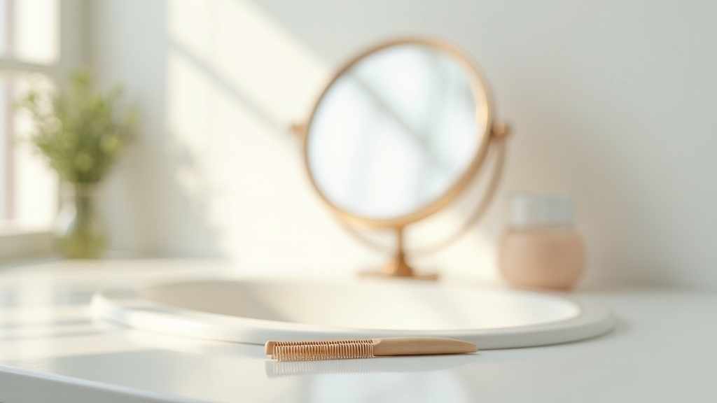 Bathroom counter with comb and mirror representing checking a receding hairline at home