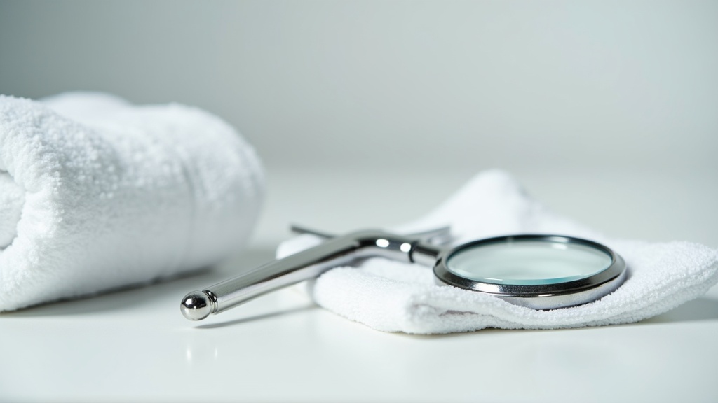 Dermatoscope and magnifying tools used to assess scarring alopecia on a clinic table