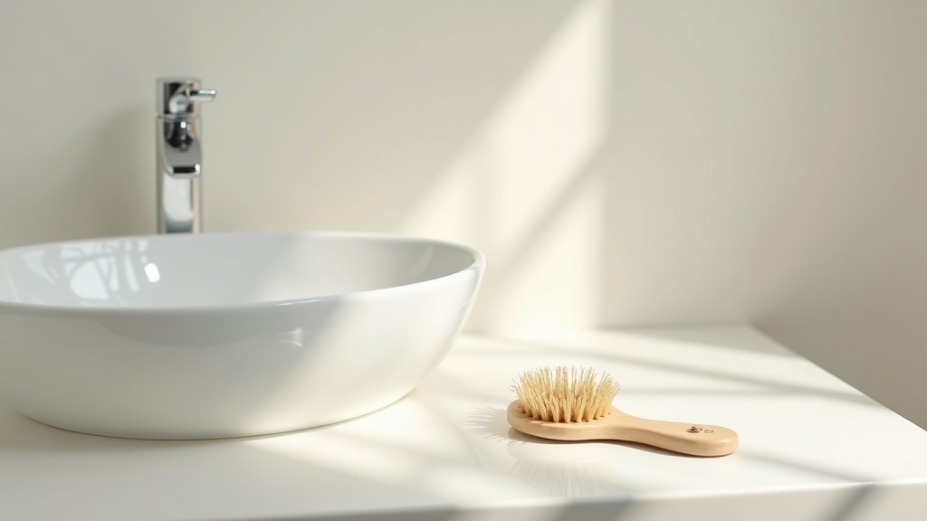 Hairbrush with loose strands on a bathroom counter illustrating telogen effluvium shedding