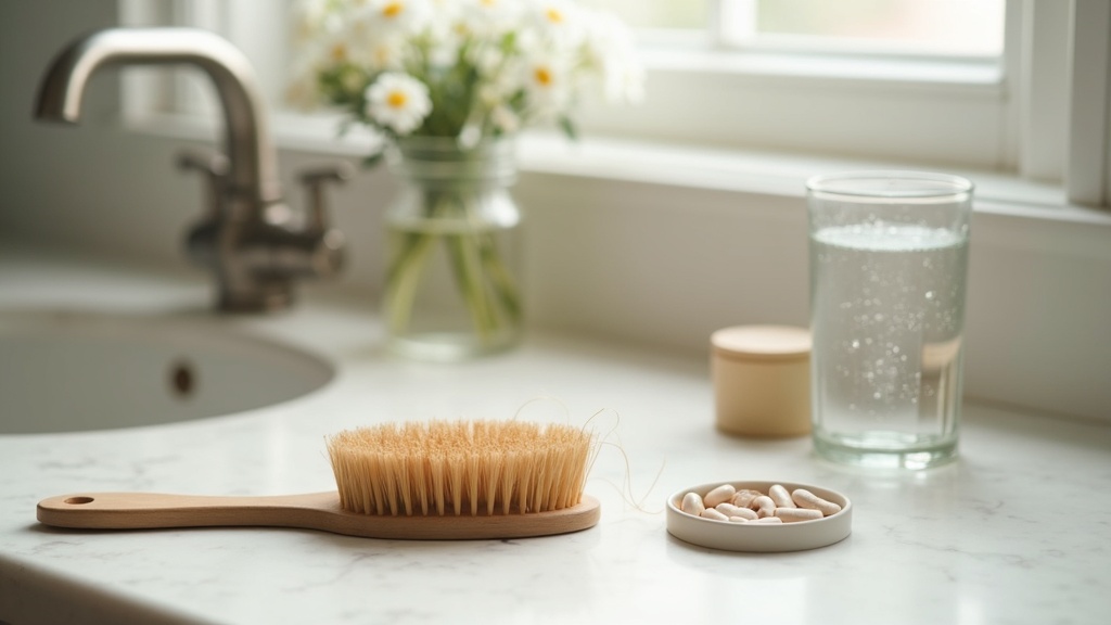 Hairbrush with loose strands on a bathroom counter representing thyroid problems and hair loss