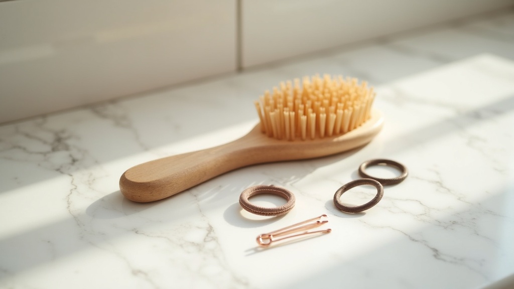 Hair ties and bobby pins on a counter representing traction alopecia from tight hairstyles