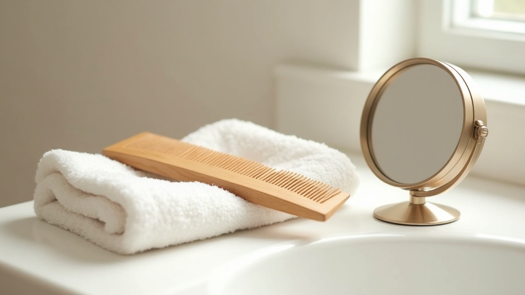 Wide-tooth comb and mirror on a bathroom counter representing a widening part in hair