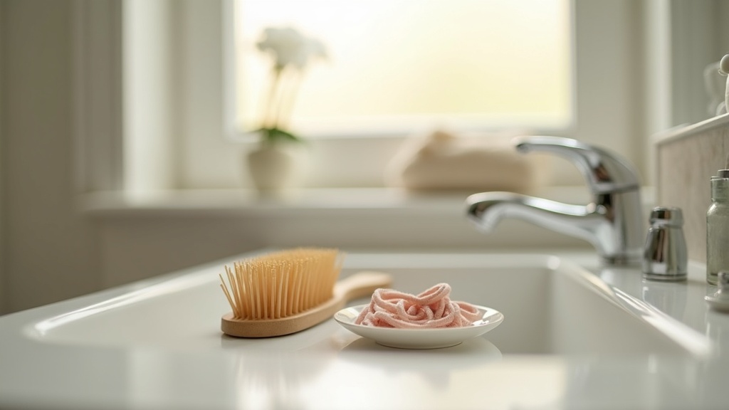 Bathroom counter with hairbrush illustrating everyday hair care during female pattern hair loss