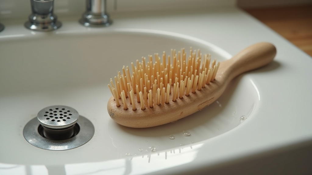 Wet hairbrush on sink illustrating hair care routine for thinning hair