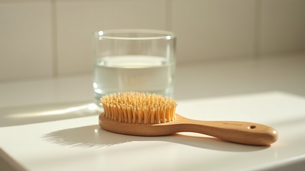 Hairbrush with shed strands on a bathroom counter related to iron deficiency and shedding