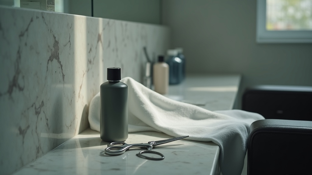 Barber tools and grooming items related to male pattern hair thinning routines