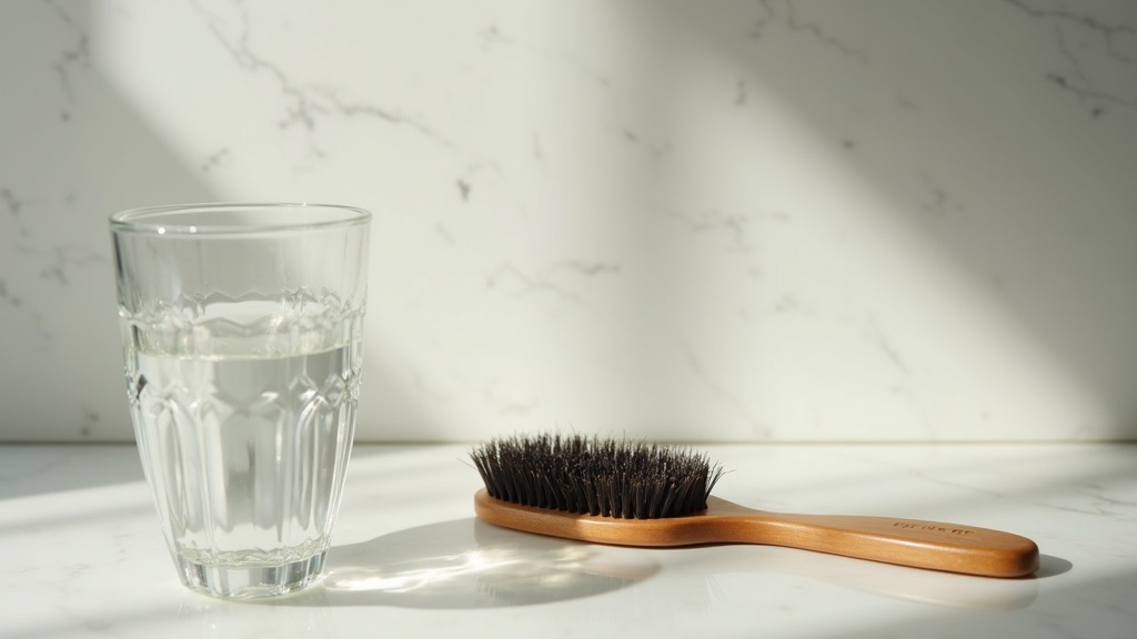 Hairbrush with strands on a marble shelf illustrating hair thinning during menopause