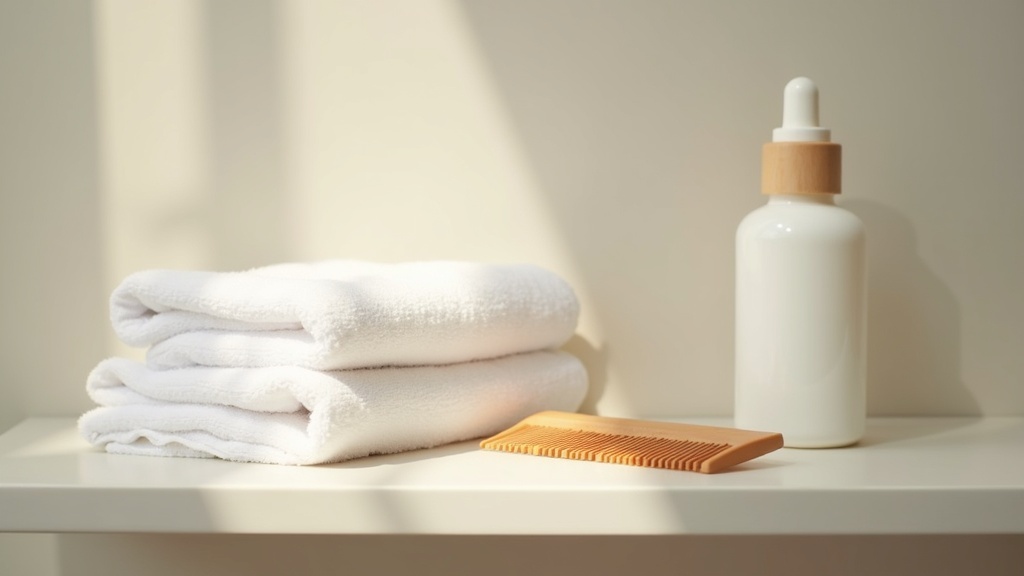 Bathroom shelf with dropper bottle and comb representing a minoxidil hair loss routine