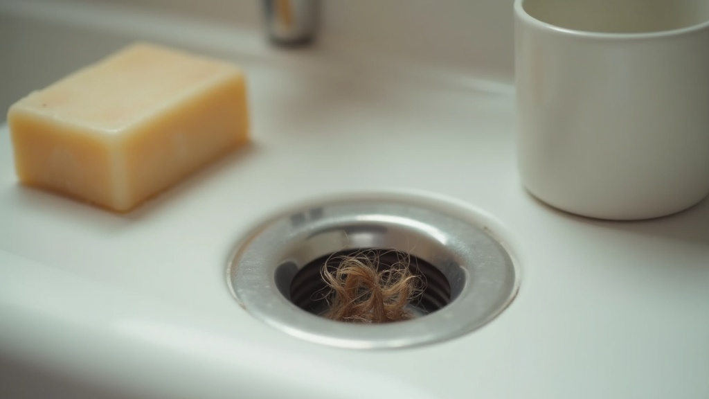 Loose hair strands near a bathroom sink drain representing postpartum shedding and hair loss timeline