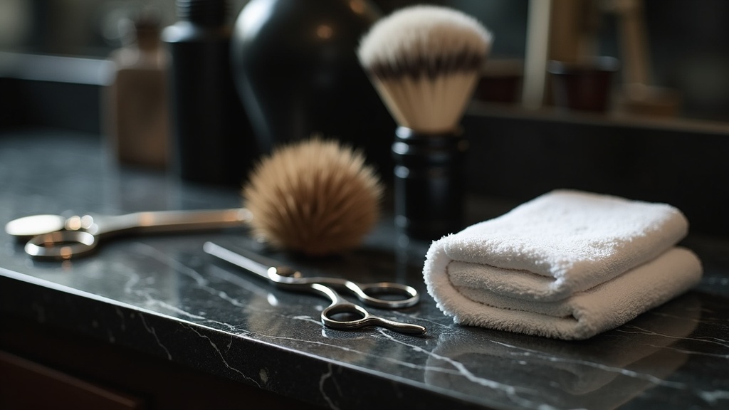 Barber tools on a countertop representing routine hair and hairline care