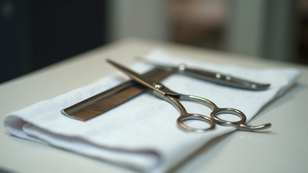 Comb and barber shears on a cloth, related to assessing crown thinning and hair changes