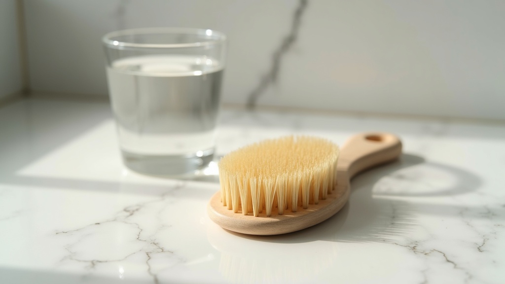 Hairbrush with strands on a bathroom counter representing hair shedding and thinning